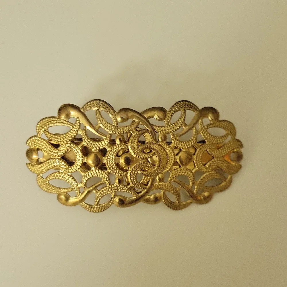 Vintage Gold Tone Filigree Ornate Metal Hair Barrette Clip 3.25 Inch Cottagecore